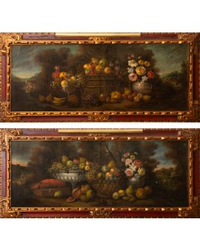 429-ESCUELA ESPAÑOLA, PP. S. XX. Pareja de bodegones con flores y frutas" Óleo sobre lienzo. Medidas: 55 x 150 cm cada uno."