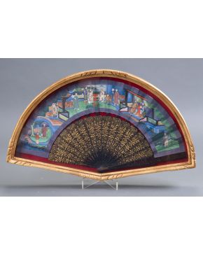 447-Abanico chino de las mil caras", trabajo cantonés para la exportación, C.1860. Varillaje en madera lacada con decoraciones vegetales 