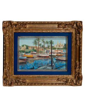 7-ISABEL GUERRA (Madrid 1947) Puerto de Palma de Mallorca" Óleo sobre tabla Firmado También al dorso firmado y dedicado  Medi