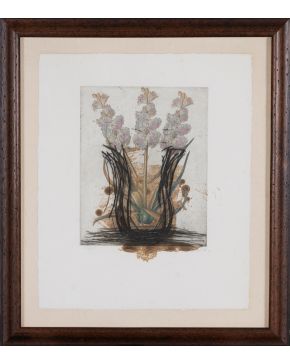 5-MANOLO VALDÉS (Valencia 1942) Jarrón con flores" Aguafuerte y collage sobre papel Firmado a lápiz Numerado 28/45 Medidas: 6