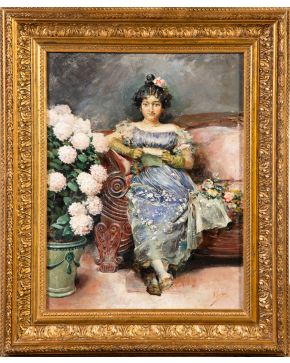 446-JOSÉ DENÍS BELGRANO (Málaga, 1844-1917) “Mujer leyendo una carta” Óleo sobre lienzo. Medias: 44 x 33 cm. Firmado en el ángul