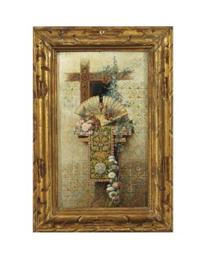 440-HORACIO LENGO MARTÍNEZ (Torremolinos, 1834-Madrid, 1890) Abanico con gorriones" Óleo sobre lienzo. Medidas: 30 x 17 cm.
