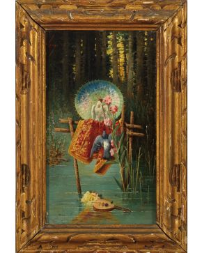 439-HORACIO LENGO MARTÍNEZ (Torremolinos, 1834-Madrid, 1890) Sombrilla oriental" Óleo sobre lienzo. Medidas: 30 x 17 cm. Firmado