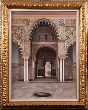 433-FERNANDO LIGER HIDALGO (Sevilla, 1880-1945) “Patio de las doncellas del Alcázar de Sevilla” Óleo sobre lienzo. Medidas: 90 x 68