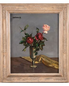 1163-RAFAEL DURANCAMPS (Sabadell, 1891-Barcelona 1979) Florero con rosas" Óleo sobre tabla. Medidas: 60 x 49 cm."