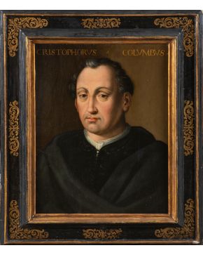796-ESCUELA EUROPEA, S. XIX Retrato de Cristóbal Colón"" Óleo sobre tabla. Medidas: 61 x 47 cm.  La pintura, que imita los modelos florentino