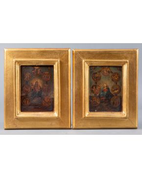 799-ESCUELA COLONIAL, S. XVIII Pareja de cobres con Vírgenes rodeadas de escenas de la vida de Cristo"" Óleo sobre cobre. Medidas: 20 x 15 cm