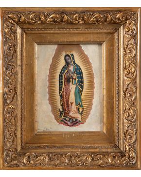 800-NICOLÁS ENRÍQUEZ DE VARGAS (México, 1704-1790) Virgen de Guadalupe"" Óleo sobre cobre. Medidas: 17,5 x 13 cm. Firmado en el ángulo inferi