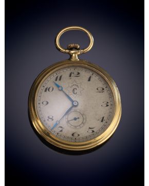 969-RELOJ DE BOLSILLO LEPINE. CAJA EN ORO AMARILLO DE 18K. MOVIMIENTO MECÁNICO MANUAL. Esfera gris con numeración arábiga y segund