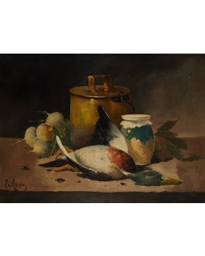 2064-ANTOINETTE LE ROUX (París, S. XIX) Naturaleza muerta con pato"" Óleo sobre lienzo firmado Medidas: 50 x 65 