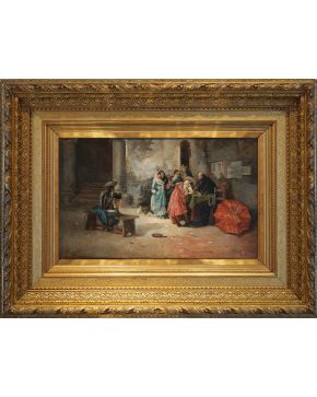 585-EUGENIO LUCAS VILLAAMIL (Madrid, 1858-1918) Escena de interior"" Óleo sobre lienzo. Medidas: 38 x 64 cm. 