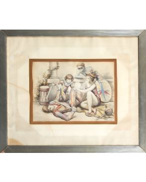 468-ALFREDO OPISSO CARDONA (Barrcelona, 1907-1980)  Escena circense"" Acuarela y lápiz sobre papel. Medidas: 225