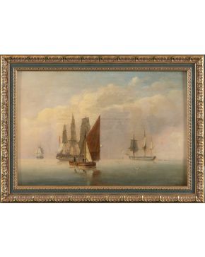 475-ESCUELA EUROPEA, S. XIX Navíos"" Óleo sobre tabla. Medidas: 31 x 45 cm. Firma ilegible en el ángulo infer
