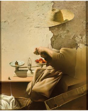 2048-DANIEL GONZÁLEZ POBLETE (Ciudad Real 1944)  Balanza Óleo sobre táblex Firmado Medidas: 44,5 x 36 cm. 