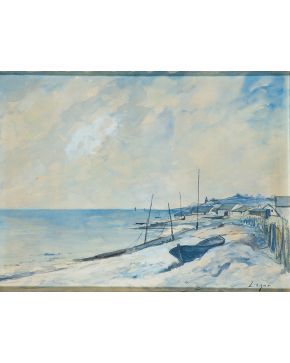 2049-CELSO LAGAR (Ciudad Rodrigo, 1891- Sevilla, 1966) Barcas en la costa Acuarela sobre papel Medidas: 40,5 x 54 cm