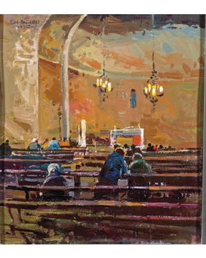 2042-JOSEP VILA CAÑELLAS (Barcelona 1914-2001) Interior de iglesia. 1933 Óleo sobre cartón Firmado y fechado 1933