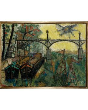 2011-JEAN-JACQUES MORVAN (París 1928-2007) Le pont des Arts (Le Passerelle des Arts). 1953 Óleo sobre lienzo Al dorso fi