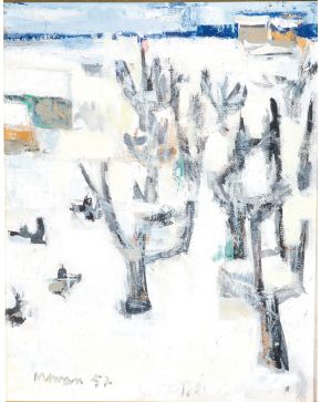 2058-JEAN-JACQUES MORVAN (París 1928-2007)   Arbres. 1957 Óleo sobre papel Firmado y fechado 1957 Medidas: 28 x 23 cm