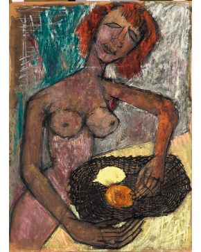 2057-JEAN-JACQUES MORVAN (París 1928-2007)  Nu aux fruits. 1952 Ceras y tinta sobre papel adherido a tabla Firmado y 