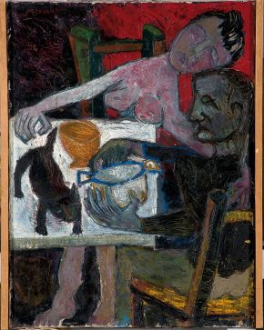 2027-JEAN-JACQUES MORVAN (París 1928-2007)  Desnudo con gato y figura. 1950 Óleo sobre lienzo Firmado y fechado 1950