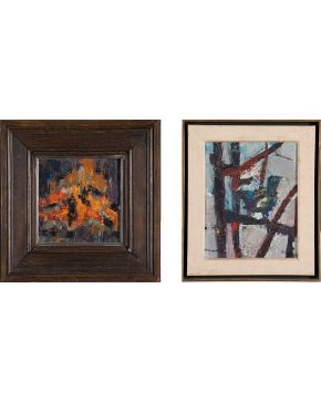 2029-JEAN-JACQUES MORVAN (París 1928-2007)   L'oiseau. 1960 , Petit feu de bois. 1961 Lote de 2 óleos sobre táblex 