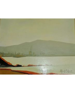 2053-ALBERTO SELLÁN (Vizcaya 1950) Puerto. 1979 Óleo sobre lienzo Firmado y fechado 1979 Medidas: 26 x 34 cm. 