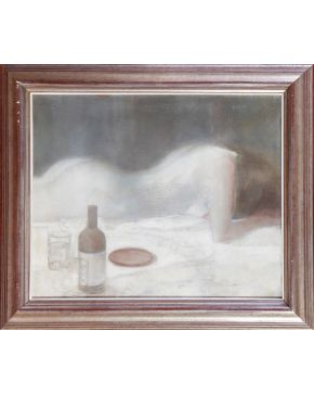 2028-ADOLFO ESTRADA (San José, California, EEUU, 1927) Desnudo femenino con botellas y vasos Óleo sobre lienzo. Firma