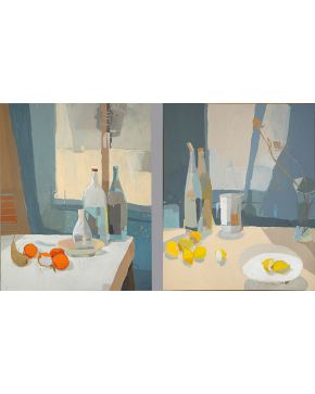 2032-JAVIER AOIZ ORDUNA (Madrid 1964) Limones y flores secas. y Botellas y naranjas. 2002 Acrílico sobre lienzo Firmad
