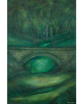 2054-DELIA GARCÍA LAREDO (Madrid 1968) Paisaje con puente Óleo sobre tabla Firmado Firmado también al dorso Medida