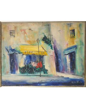 2035-ESCUELA MADRILEÑA AÑOS 50 “Floristería”. 1954 Óleo sobre lienzo adherido a táblex Firmado y fechado 1954 (firma ileg