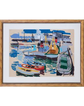 2060-RAFAEL ALONSO (Pontevedra 1924-Vigo 1995) Embarcadero Serigrafía sobre papel en táblex Medidas: 48,5 x 71 cm.  