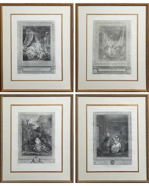 495-Conjunto de cuatro grabados de GERAUD VIDAL según Nicolas Lafrensen el Joven. Escenas galantes S. XVIII Medidas: 290