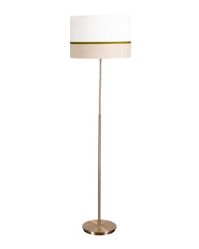 491-Lampara de pie contemporánea en acero con pantalla en arpillera con lineas blanco. gris y verde combinado.  Altura: 165 cm.