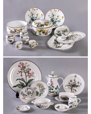 474-VILLEROY AND BOCH  Gran vajilla en porcelana modelo botánica con decoración de flores. Con marcas en la base. Compuesta por