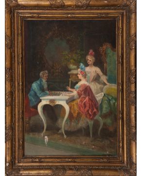 498-ESCUELA ITALIANA, S. XIX “La partida de ajedrez” Óleo sobre lienzo. Medidas: 68 x 45 cm.