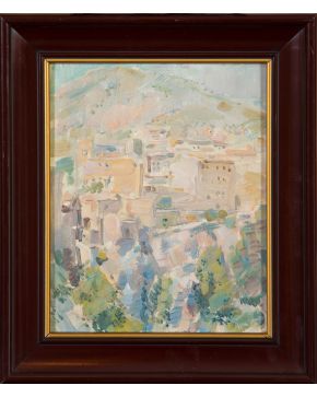29-JULIÁN GRAU SANTOS (Canfranc, Huesca 1937) “Paisaje con casas y montaña”. 1974  Óleo sobre tablex Firmado Medidas: 