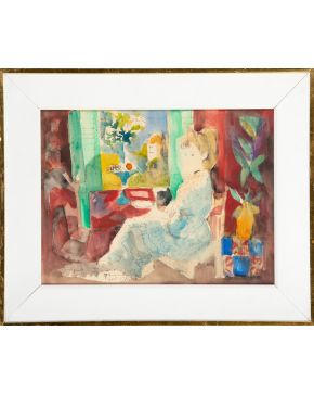 9-EMILIO GRAU SALA (Barcelona 1911-París 1975) Dama en la ventana. 1971 Acuarela y tinta sobre papel  Firmado, fechado y