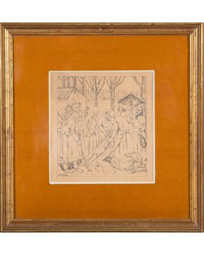 43-JOSÉ GUTIÉRREZ SOLANA (Madrid (1886 / 1945) Máscaras ante el féretro, c.1930 Tintas sobre papel Firmado a tinta Al