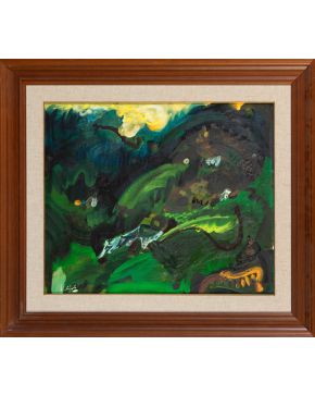 4-ÁLVARO DELGADO (Madrid 1922-2016) La Braña de la Gomila de Navil. 1980 Óleo sobre tablex Firmado También al dorso f