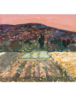 31-MANUEL ALCORLO (Madrid 1935) Paisaje. 1968 Gouache sobre papel adhrido a cartón Firmado y fechado 1968 Medidas: 31