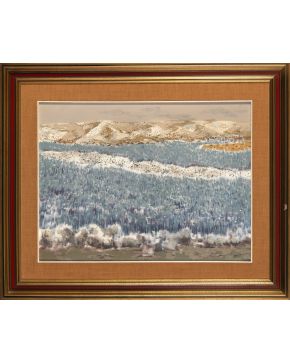 30-JOSÉ BEULAS (Santa Coloma de Farnés 1921-Huesca 2017) Paisaje azul Óleo sobre lienzo Firmado Medidas: 65 x 81 cm.