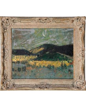 25-ANTONIO GUIJARRO (Villarrubia de los Ojos 1923-Madrid 2011) Paisaje con luna Óleo sobre tablex Medidas: 37 x 45 cm. 