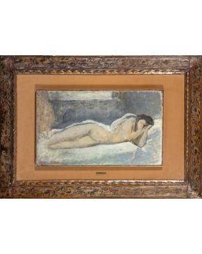 24-DANIEL VÁZQUEZ DÍAZ (Nerva 1882-Madrid 1969) Desnudo tumbado  Óleo sobre lienzo Firmado Medidas: 38 x 65 cm.  