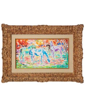 7-FEDERICO DE ECHEVARRÍA (Bilbao 1911 - Madrid 2004) Caballos en el campo. 1971 Óleo sobre lienzo  Firmado  También a