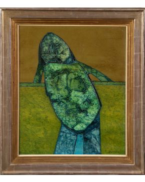 35-ANTONIO QUIRÓS (Santander 1912-Londres 1984) Mujer sola y barandilla Óleo sobre lienzo Firmado También al dorso fi