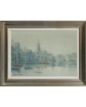 5-JOSÉ LUIS SANZ MAGALLÓN (Zarauz 1926-Madrid 2000) Ciudad junto al mar Óleo sobre lienzo Firmado Medidas: 23 x 36 cm