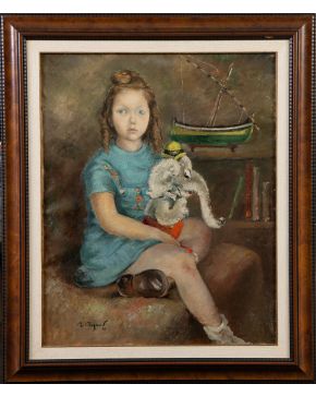 504-RAMON ROGENT PERES (1920-1958) Niña con elefante Óleo sobre lienzo Medidas: 81 x 65 cm. 