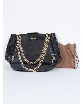 1004-LOTE DE DOS BOLSOS UNO JUSTCAVALLI" EN CHAROL NEGRO CON ASAS EN CADENA DORADA Y OTRO PEQUEÑO DE PIEL MARRON CON ASA