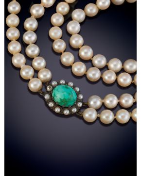 34-COLLAR 2 HILOS DE PERLAS CULTIVADAS CON CIERRE EN ORO, PLATA, TURQUESA Y PERLITAS.