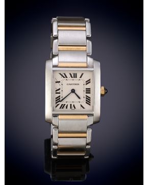 922-CARTIER TANK FRANCAISE. Reloj de pulsera para señora, caja y brazalete en acero y oro amarillo de 18k. Movimiento s